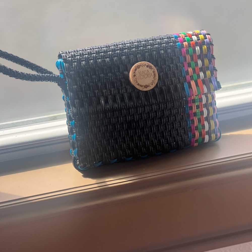 Black and Blue Quilted Clutch with Metallic Accents